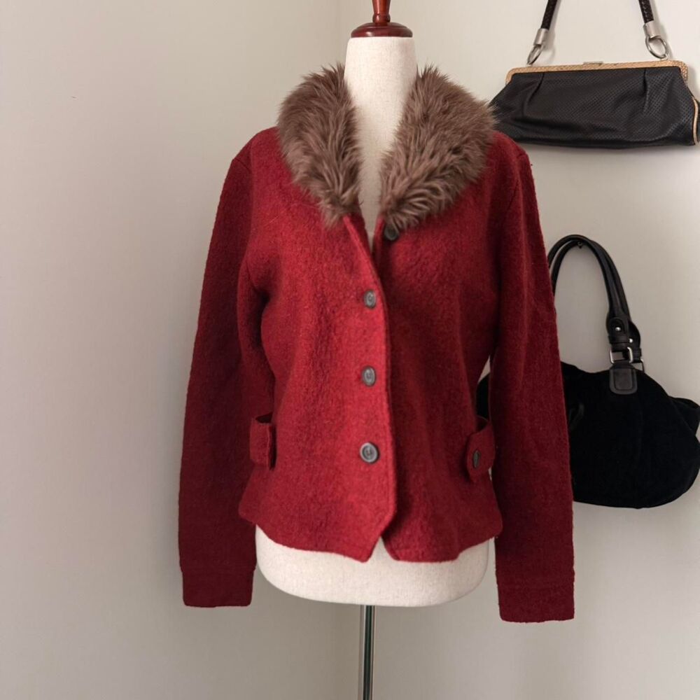 Vintage Red 100% Wool Fur Collar Jacket Size S